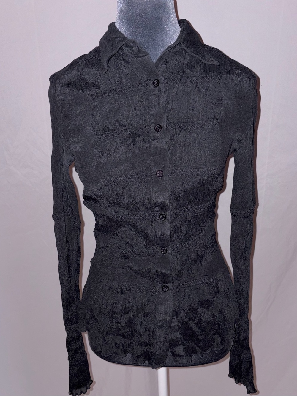 Women's Black Silk Button-Up Long Sleeve Blouse